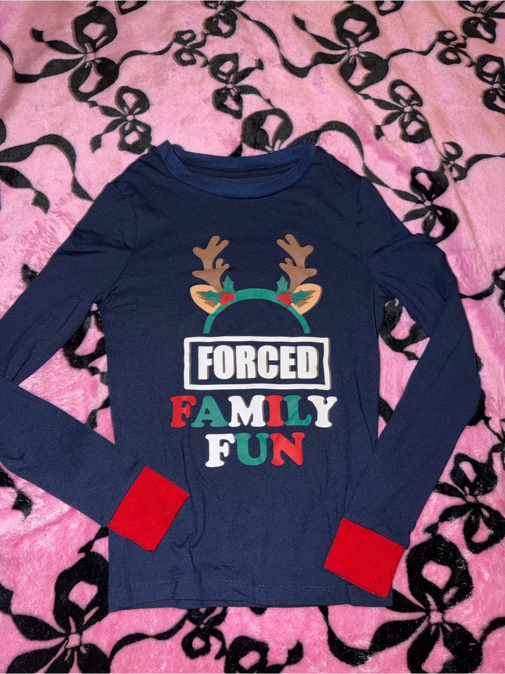Holiday Time Navy Long-Sleeve 'Forced Family Fun' Graphic Tee with Red Cuffs